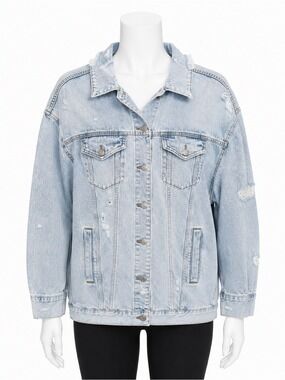 American Eagle Distressed Oversized Denim Jacket Medium Light Wash